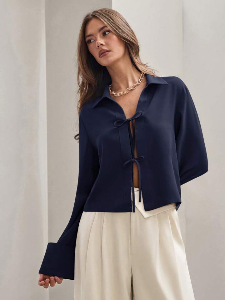 CM-TS870256 Women Trendy Bohemian Style Shirt Collar Front Tie Long Sleeve Shirt - Royal Blue