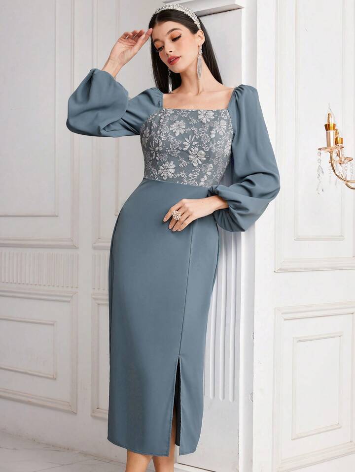 CM-DS952331 Women Casual Seoul Style Jacquard Patchwork Split Hem Lantern Sleeve Dress