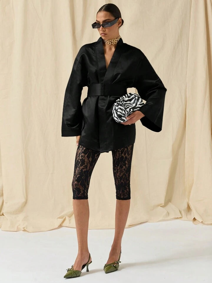 CM-DS774542 Women Elegant Seoul Style Solid Color Deep V-Neck Bell Sleeve Mini Dress - Black
