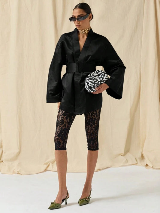 CM-DS774542 Women Elegant Seoul Style Solid Color Deep V-Neck Bell Sleeve Mini Dress - Black