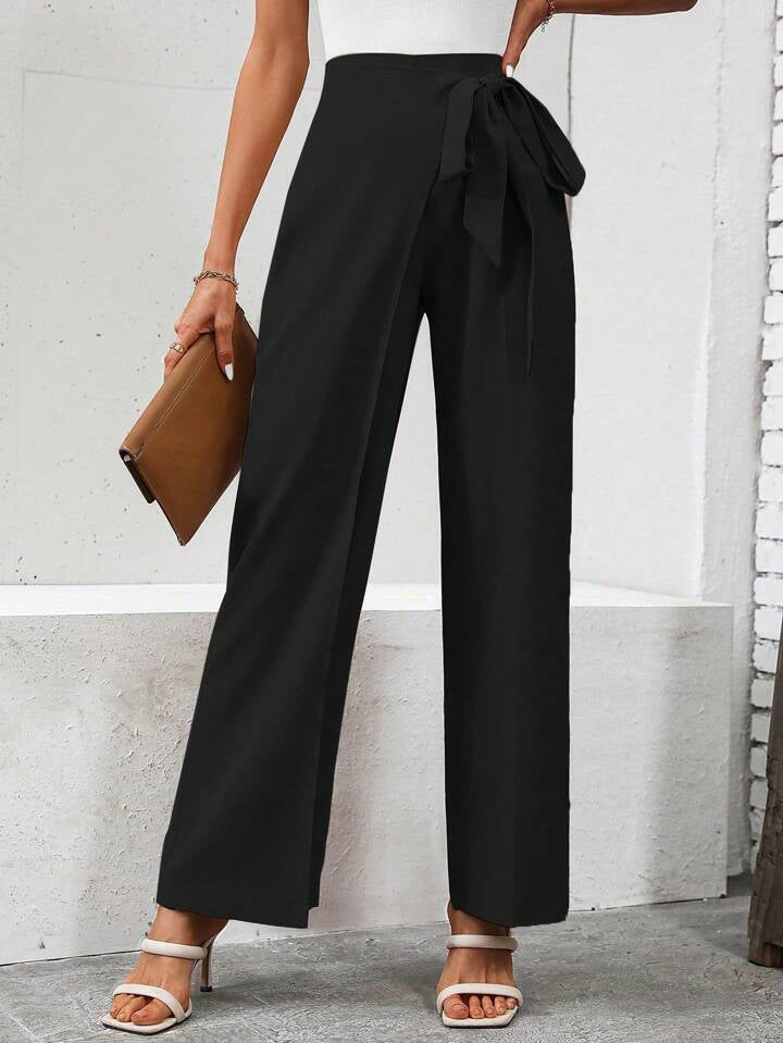 CM-BS445493 Women Casual Seoul Style High Waist Knot Side Pants - Black