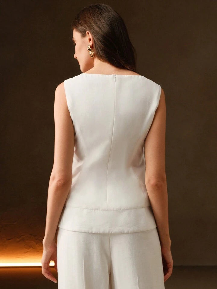 CM-TS269690 Women Elegant Seoul Style Fitted 3D Floral Design Boat Neck Sleeveless Top - White