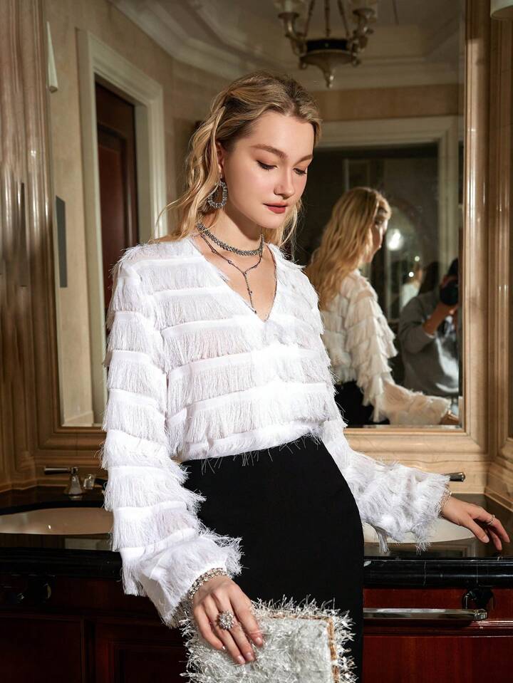 CM-TS584515 Women Casual Seoul Style V-Neck Long Sleeve Tassel Detail Shirt - White