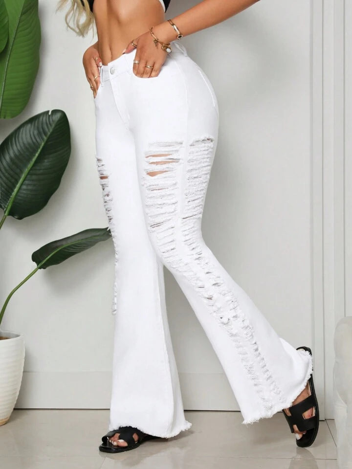 CM-BS731368 Women Casual Seoul Style Ripped Pockets Skinny Flared Leg Jeans - White