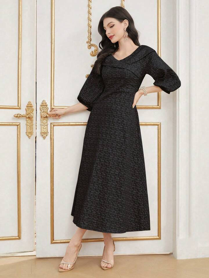 CM-DS988448 Women Elegant SeouL Style V-neck 3/4 Lantern Sleeve A-Line Dress - Black