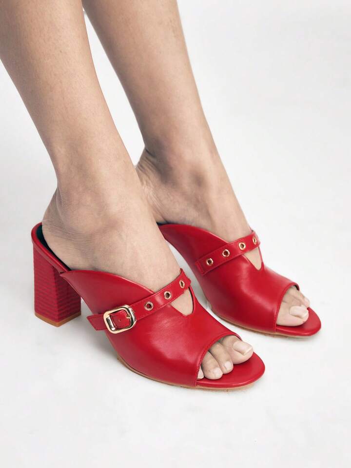 CM-SHS288176 Women Trendy Seoul Style Strap Square Heel High Heel Sandals - Red