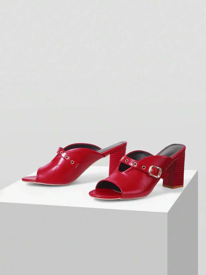 CM-SHS288176 Women Trendy Seoul Style Strap Square Heel High Heel Sandals - Red