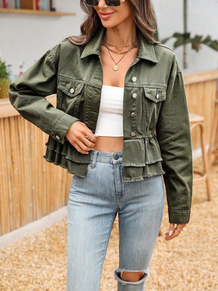 CM-CS397097 Women Casual Seoul Style Solid Color Frayed Edge Button Front Long Sleeve Denim Jacket