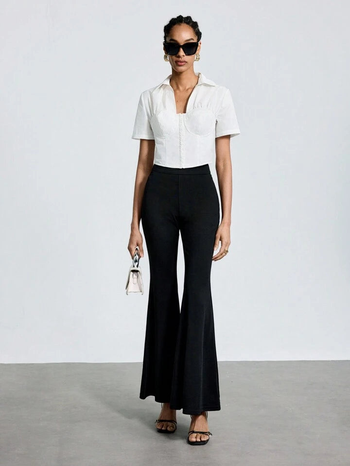 CM-TS191209 Women Casual Seoul Style Collar Neckline Pleated Short Sleeve Shirt - White