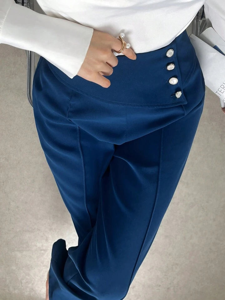 CM-BS457540 Women Casual Seoul Style Solid Color Button Straight Leg Trousers - Teal Blue