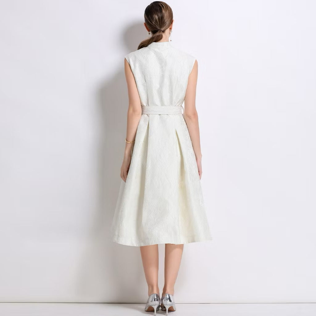 CM-DY054300 Women Elegant European Style Stand Collar Sleeveless Slim Mid-Length Dress - Apricot