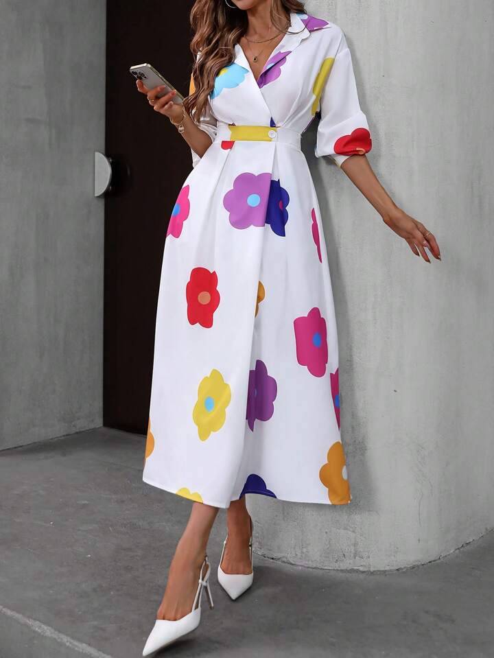 CM-DS799277 Women Casual Seoul Style Long Sleeve Shirt Collar Pleated Waist Floral Print Dress