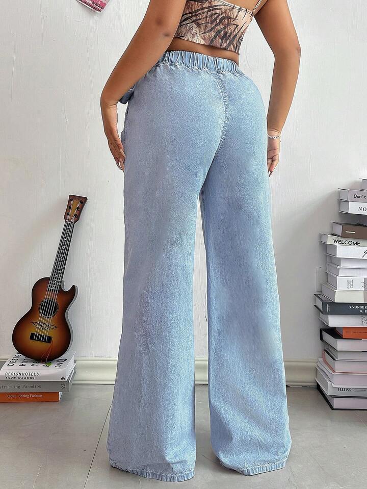 CM-BS238653 Women Casual Seoul Style Strap Straight-Leg Loose Fit Denim Jeans - Blue
