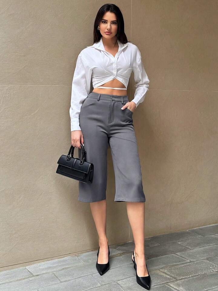 CM-BS839313 Women Casual Seoul Style High Waist Cropped Straight Leg Pants - Gray