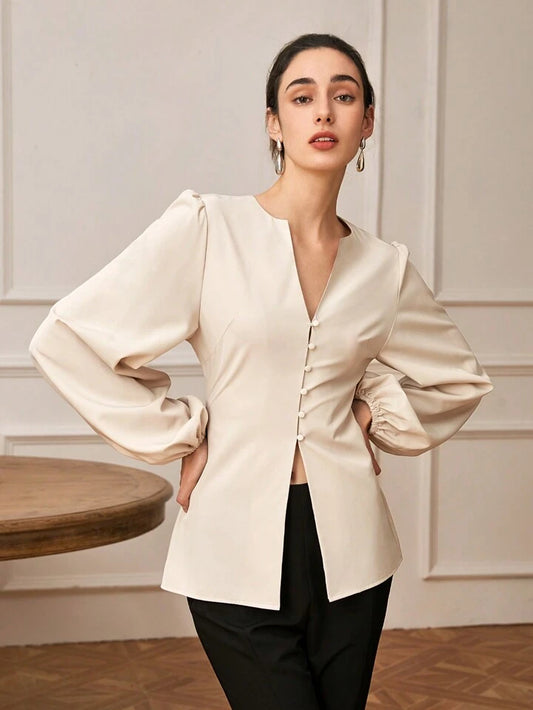 CM-TS875425 Women Elegant Seoul Style Solid Color Lantern Long Sleeve Notched V-Neck Shirt