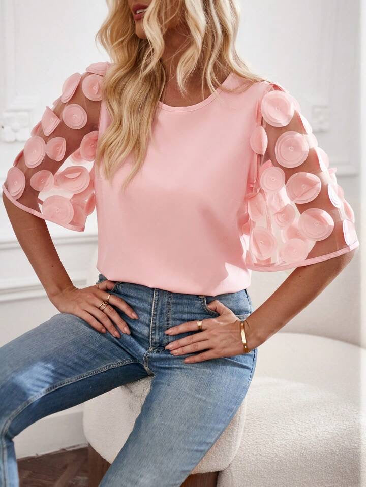 CM-TS116891 Women Casual Seoul Style Round Neck Contrast Mesh Sleeve Blouse - Pink