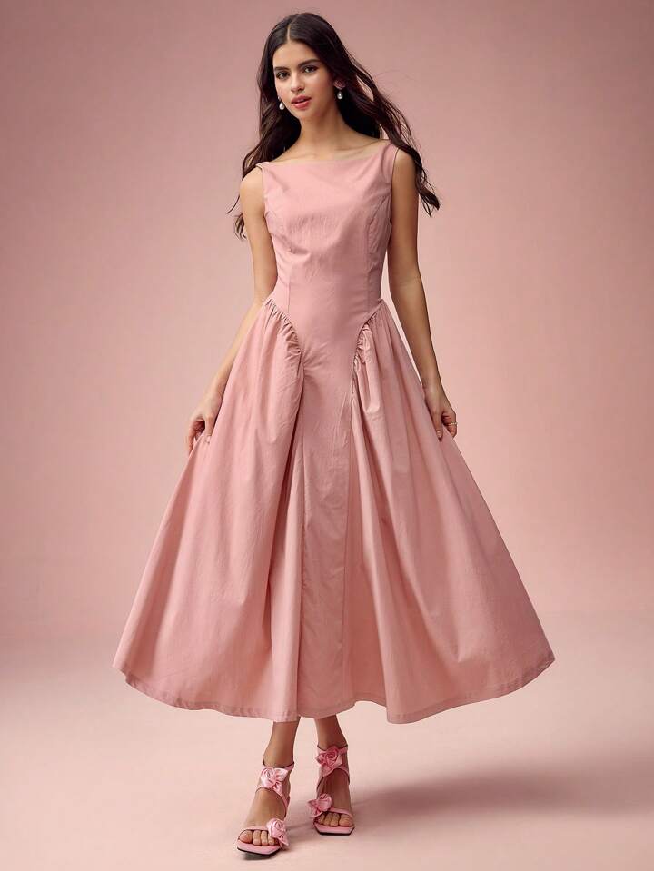 CM-DS145173 Women Elegant Seoul Style Solid Color Round Neck Pleated Long Sleeveless Dress - Pink