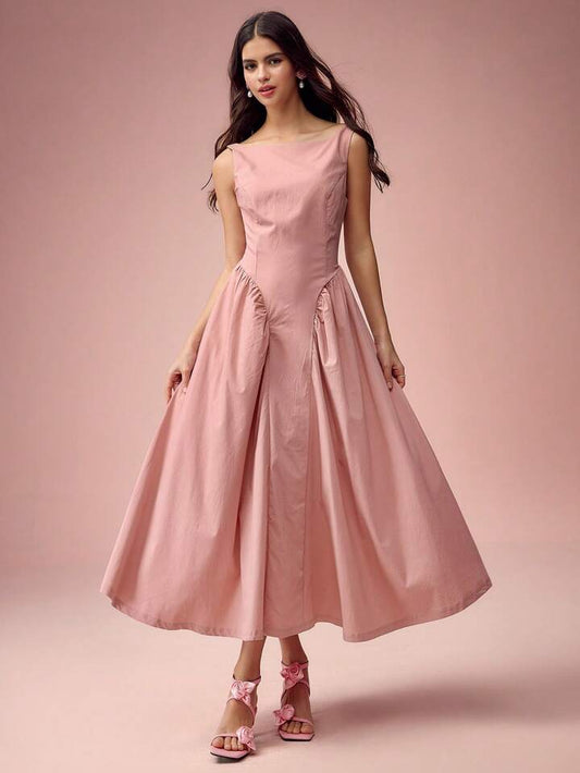 CM-DS145173 Women Elegant Seoul Style Solid Color Round Neck Pleated Long Sleeveless Dress - Pink