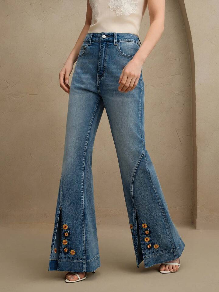 CM-BS483376 Women Elegant Seoul Style Mid Waist Embroidered Floral Flared Jeans - Blue