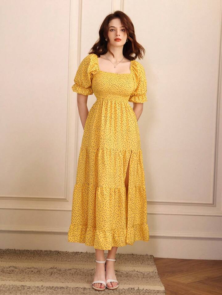 CM-DS114120 Women Trendy Bohemian Style Polka Dot Print Split Puff Sleeve Dress - Yellow