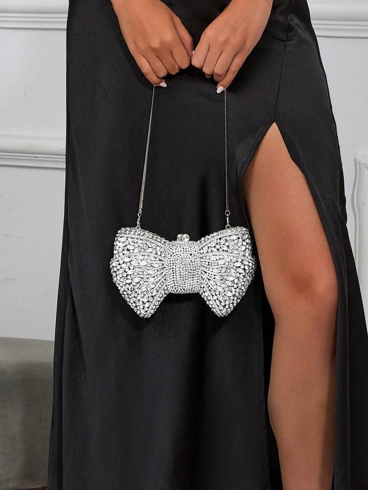 CM-BGS200126 Women Trendy Seoul Style Handmade Rhinestone Embellished Bow Clutch Purse - Silver
