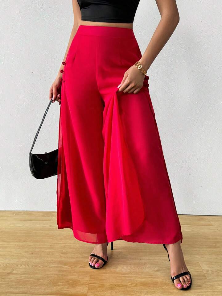 CM-BS947715 Women Casual Seoul Style Elastic Waist Flowy Chiffon Split Wide Leg Pants - Red