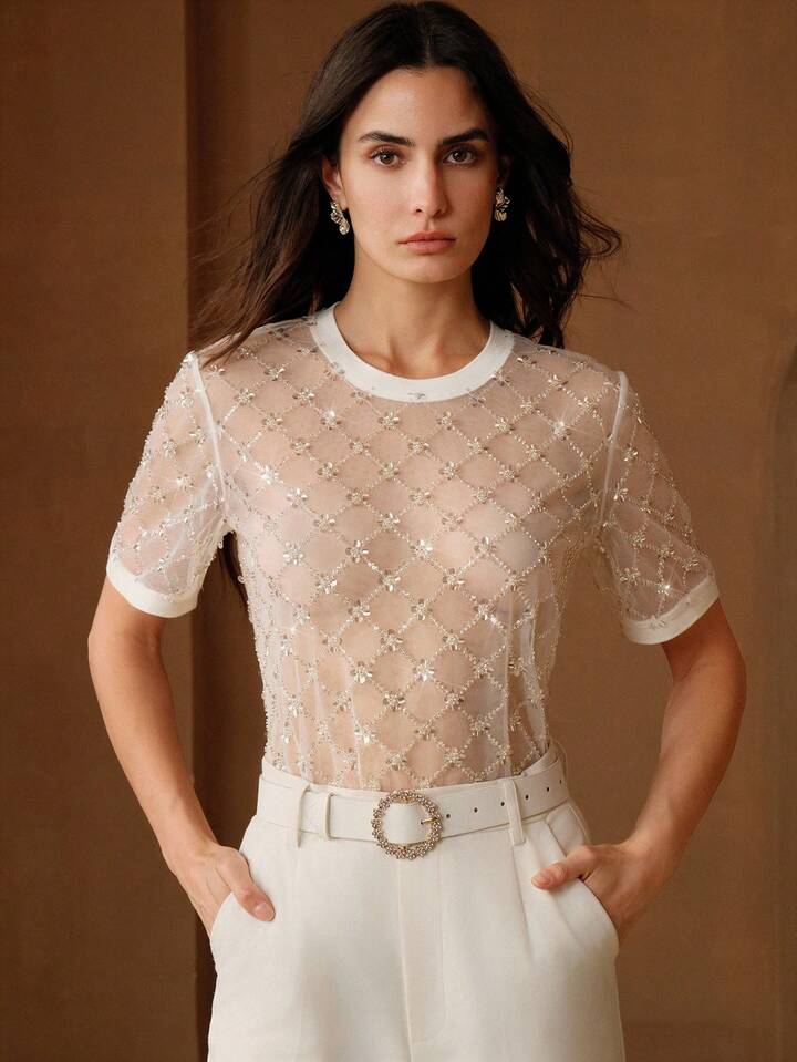 CM-TS032628 Women Elegant Seoul Style Floral Sequin Beaded Sheer Mesh Round Neck Short Sleeve Blouse
