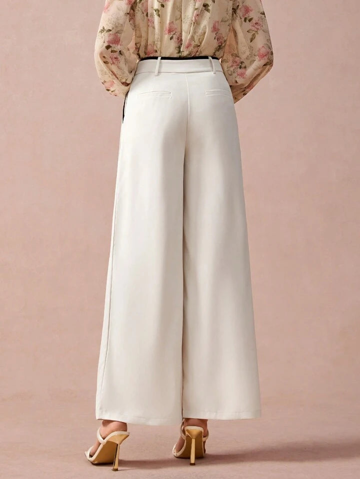 CM-BS976726 Women Casual Seoul Style Contrast Trim Slant Pocket Wide Leg Pants - Apricot