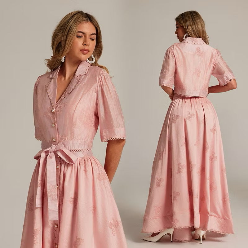 CM-SY035589 Women Elegant European Style Collar Neckline Half Sleeve Beads Decor Blouse With High Waist Long Skirt - Set