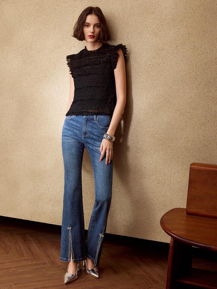 CM-BS671797 Women Elegant Seoul Style Rhinestone Bow Chain Detail Split Hem Flare Leg Denim Jeans