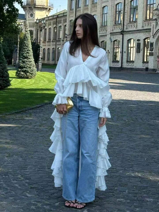 CM-TS752355 Women Casual Seoul Style Solid Color Pleated Ruffle V-Neck Asymmetric Layered Ruffle Long Sleeve Blouse