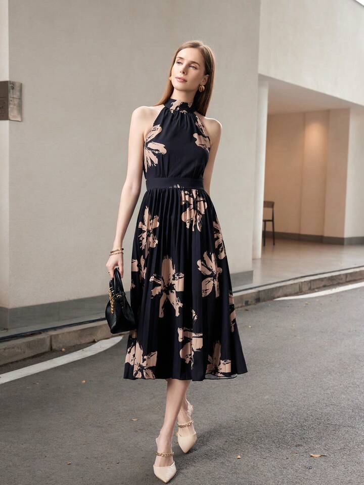 CM-DS755117 Women Casual Seoul Style Strappy Sleeveless Tie Back Pleated Long Dress - Black