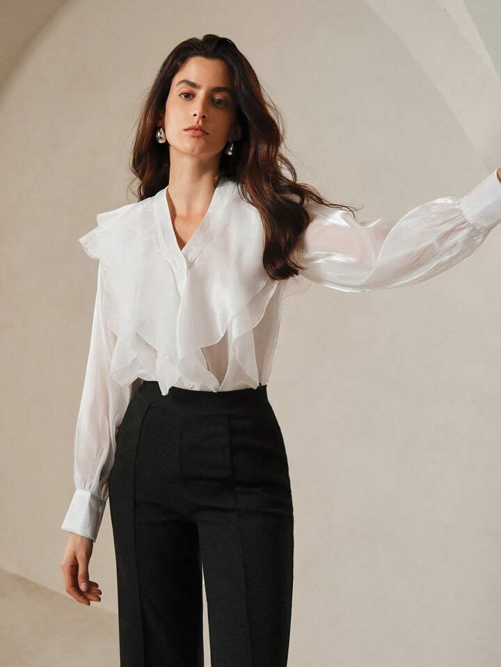 CM-TS150474 Women Elegant Seoul Style V-Neck Multi-Layered Bubble Sleeve Blouse - White