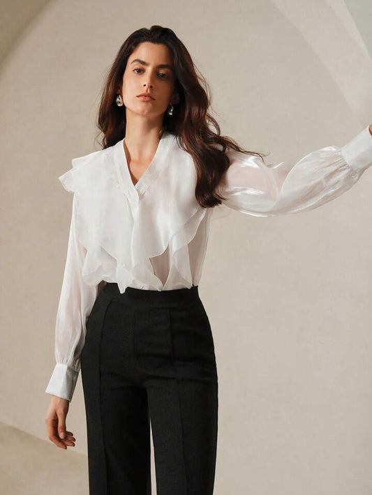 CM-TS150474 Women Elegant Seoul Style V-Neck Multi-Layered Bubble Sleeve Blouse - White