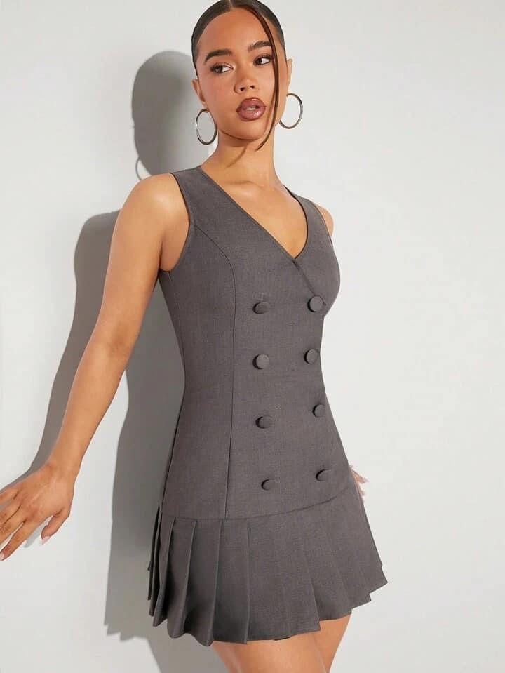 CM-DS971795 Women Elegant Seoul Style Double Breasted Sleeveless Pleated Hem Dress - Dark Gray