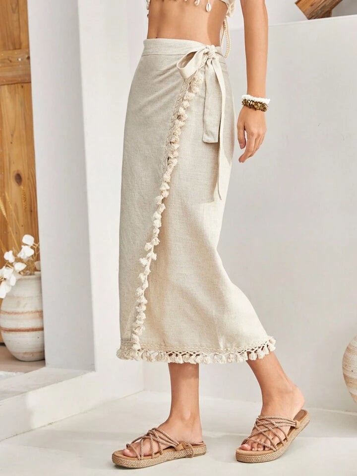 CM-BS583958 Women Trendy Bohemian Style Fringe Hem Side Tie Skirt - Apricot