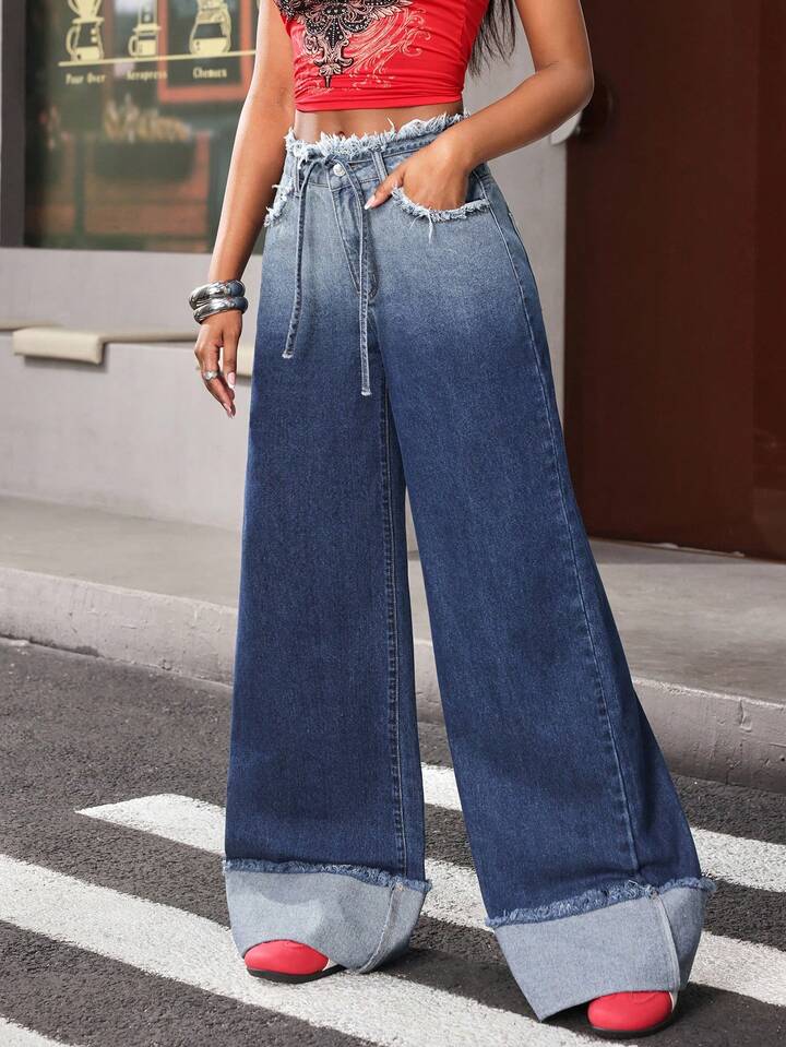 CM-BS839455 Women Casual Seoul Style Light Wash Mid Waist Ombre Frayed Hem Wide Leg Jeans
