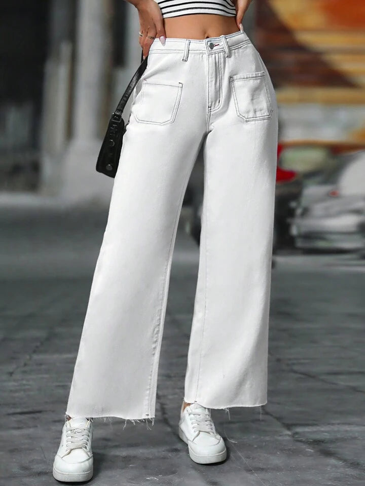 CM-BS612644 Women Casual Seoul Style Solid Color Frayed Hem Straight Leg Jeans With Pockets