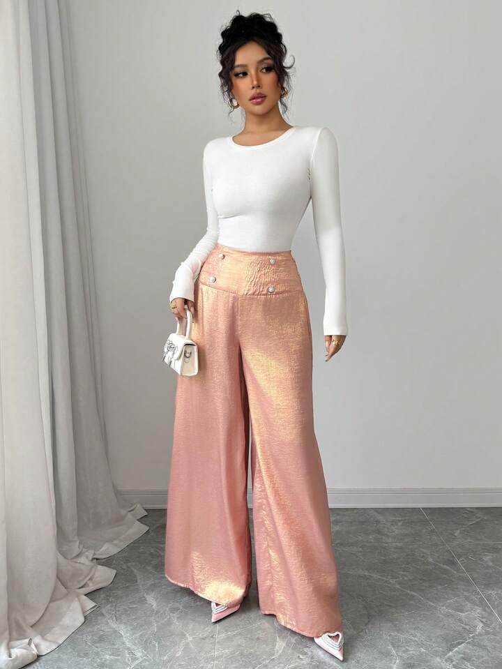 CM-BS665645 Women Elegant Seoul Style Ruffle Waist Loose Wide Leg Pants - Pink