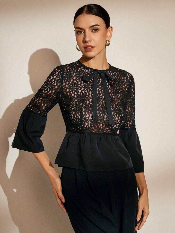CM-TS701051 Women Casual Seoul Style Hollow Out Embroidery Patchwork Ruffle Sleeve Shirt
