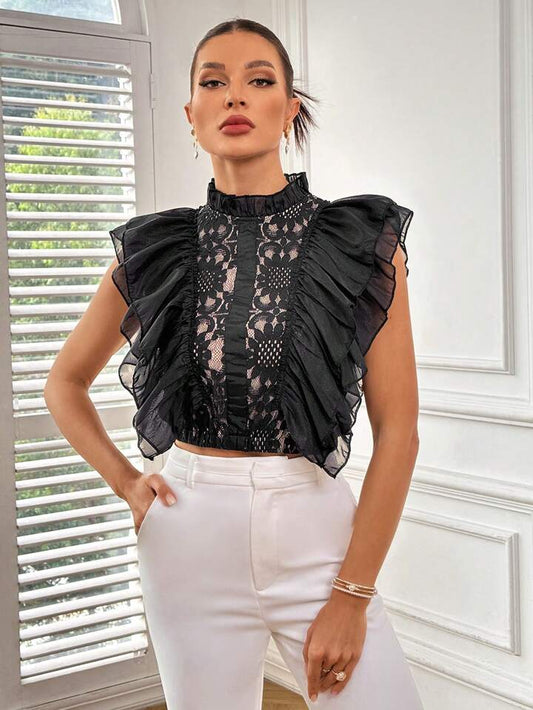 CM-TS736693 Women Elegant Seoul Style Lace Notched Neckline Ruffle Trim Shirt - Black