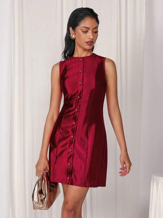 CM-DS558225 Women Elegant Seoul Style Solid Color Front Button Sleeveless Mini Dress - Burgundy