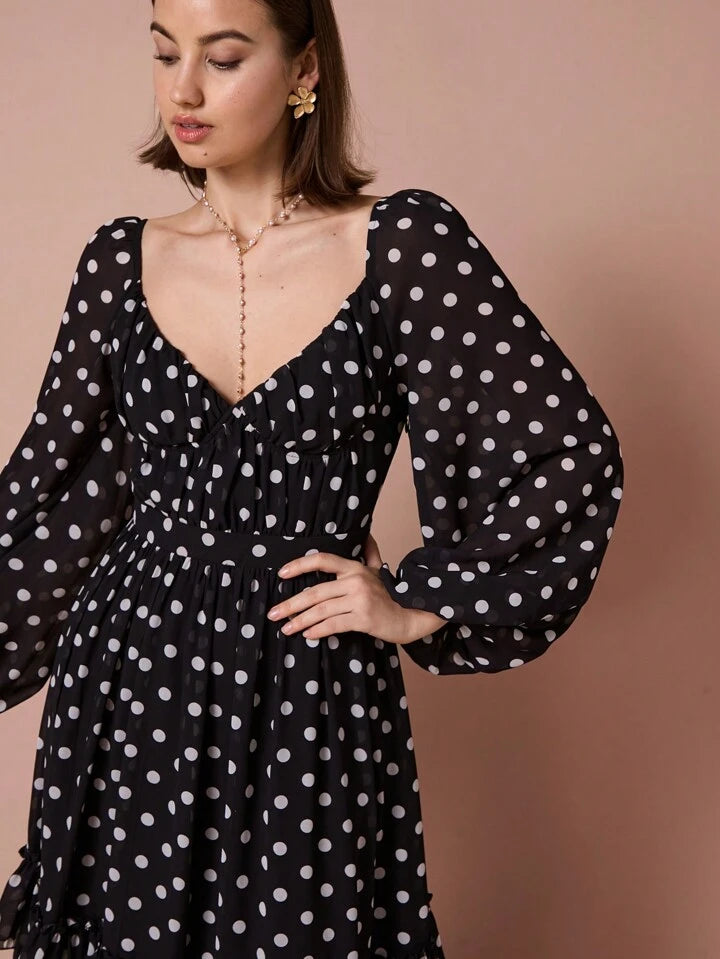 CM-DS108408 Women Elegant Seoul Style Polka Dot V-Neck Puff Long Sleeve Layered A-Line Dress - Black