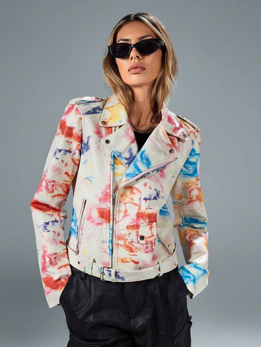 CM-CS707839 Women Casual Seoul Style Graffiti Print Double Breasted Long Sleeve PU Jacket