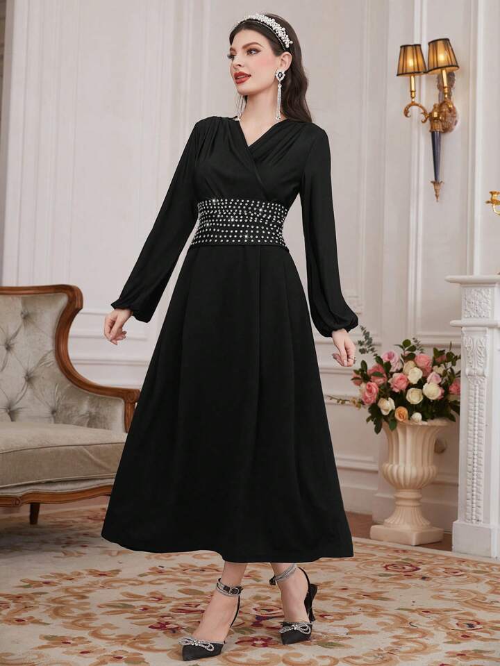 CM-DS472488 Women Elegant Seoul Style Rhinestone Decorated Lantern Sleeve Dress - Black