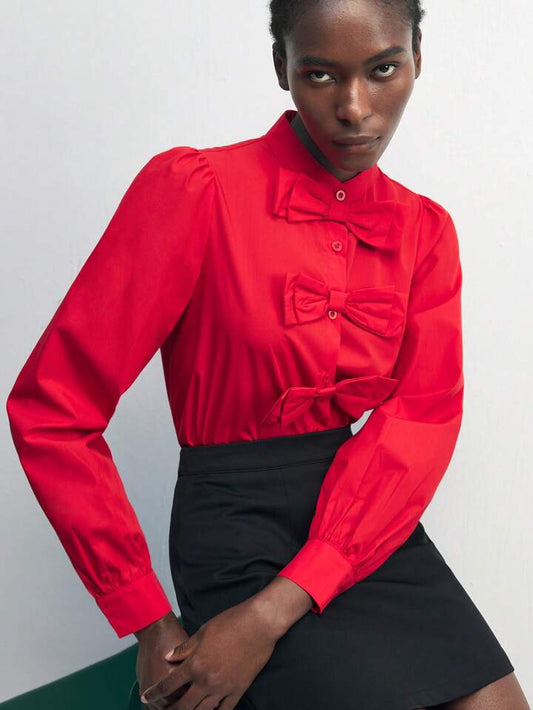 CM-TS178815 Women Elegant Seoul Style Bow Decor Shirt Collar Button-Up Long Sleeve Blouse - Red
