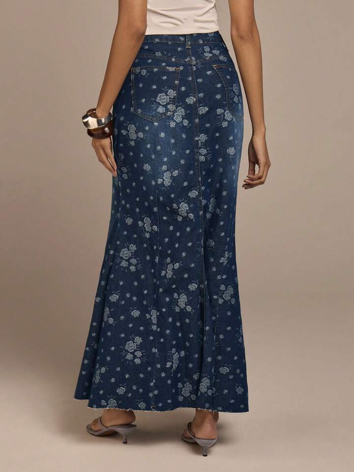CM-BS732323 Women Casual Seoul Style Dark Wash High Waist Rose Jacquard Mermaid Maxi Denim Skirt