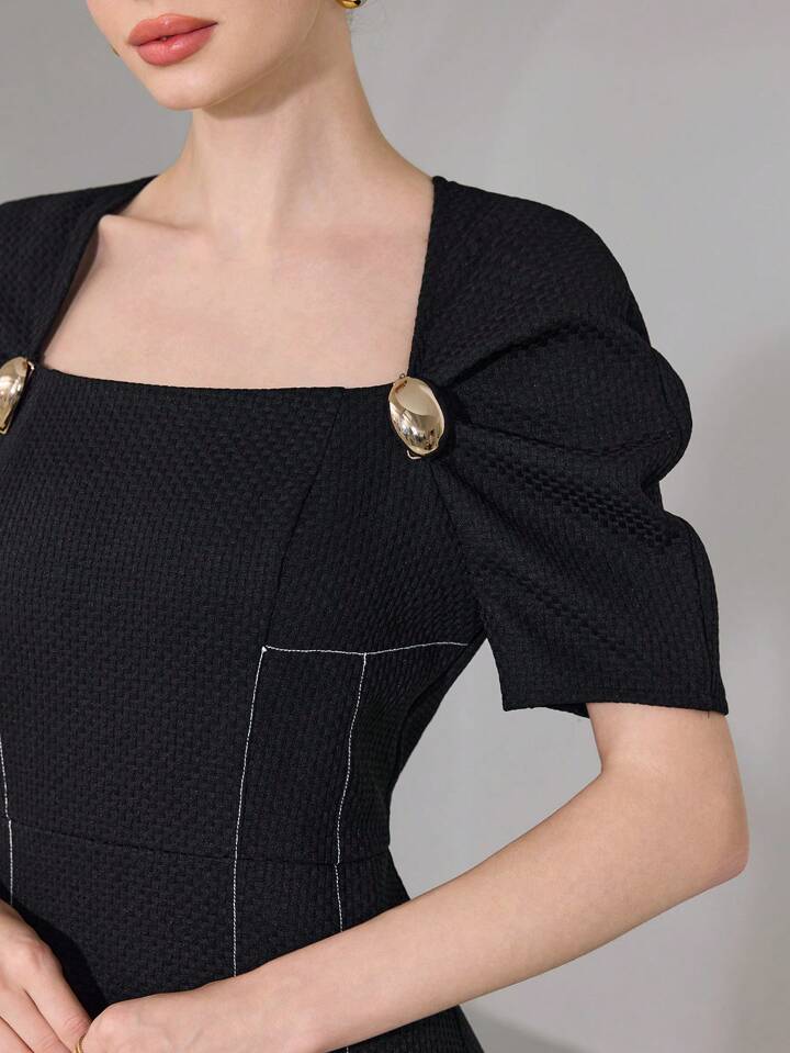 CM-DS920740 Women Casual Seoul Style Square Neck Puff Sleeve High Waist Long Dress - Black