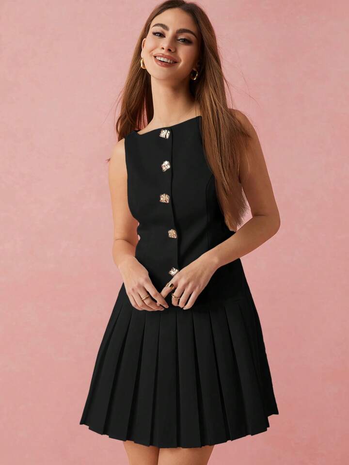 CM-DS158041 Women Elegant Seoul Style Metal Buttons Decor Pleated Hem Sleeveless Mini Dress - Black