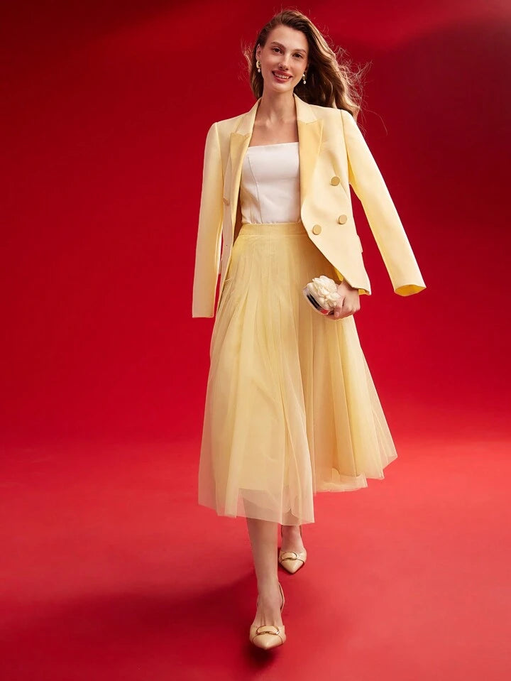 CM-BS708014 Women Elegant Seoul Style Mid Waist Contrast Mesh Flared Skirt - Yellow